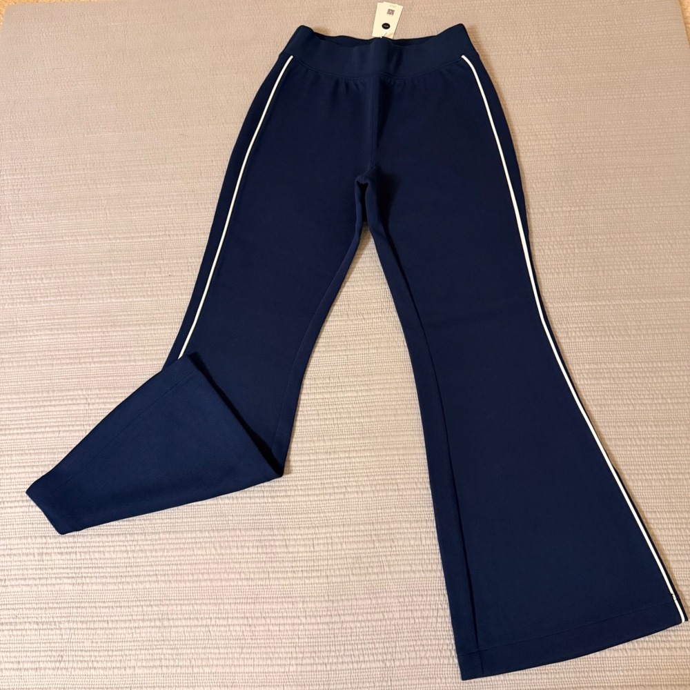 NWT Spanx Women's AirPique Flare Track Pant Timeless Navy White Stripe Size SP